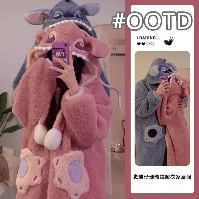 Cute Stitch Home Clothes Women Men Plush Soft Nightgown Robes Y2k Cute Thick Pajamas Kawaii Long Coat Cartoon Flannel Bathrobe