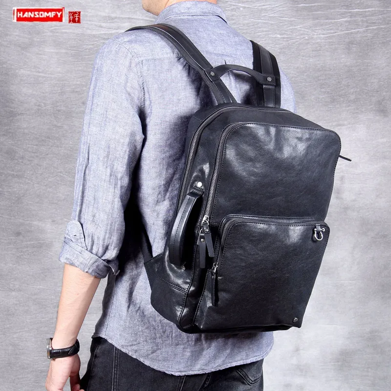 Retro Leather Men's Backpack Shoulder Bag Portable Backpacks Large-capacity First Layer Cowhide Leather Handmade Original Male