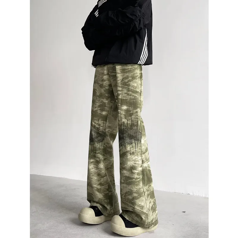 Calça jeans reta larga masculina, camuflagem bordada, calças compridas largas, roupas casuais, moda cyber Y2K, Harajuku, 2024