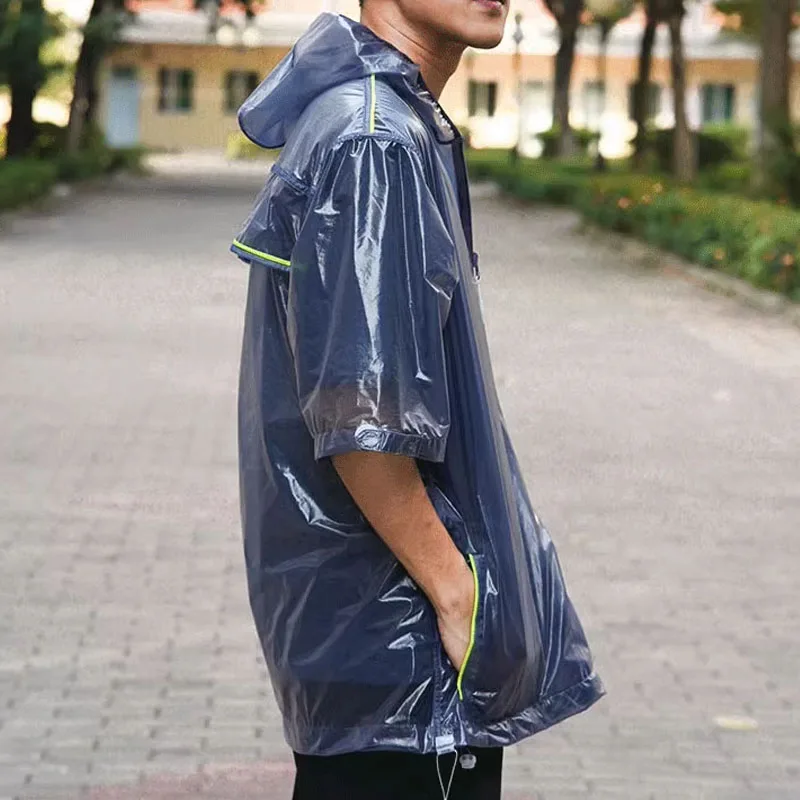 Plus Size Fashion Transparent Man Boy's Short Sleeve Hooded Zipper Rainproof Waterproof Jacket Coat Biker Motobiker Raincoat