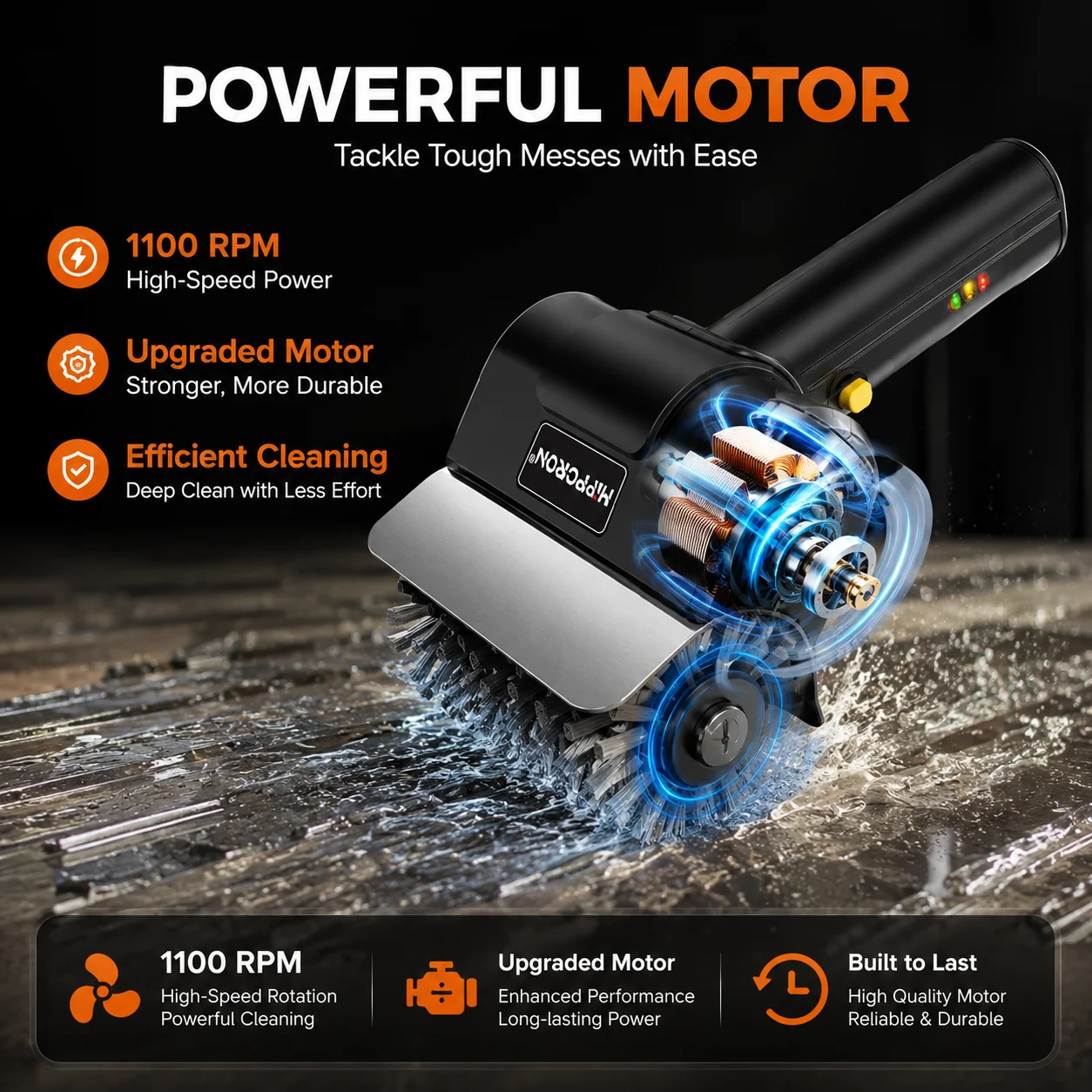 Hippcron 1100RPM 304 Stainless Steel Grill Brush, Rechargeable Electric BBQ Cleaner with Ergonomic Non-Slip Handle