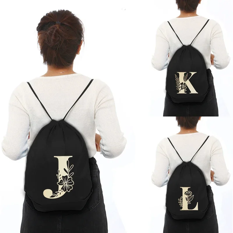 Fashion Drawstring Pouch Simple Golden Letter Print Backpack for Gym Girl Shopping Bags Portable Customize School Case Gym Sack