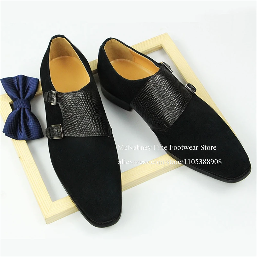 Black Suede Monk Strap Shoes Slip on Textured Leather Contrast Lace up Men Dress Shoes for Formal Business Wedding Plus Size