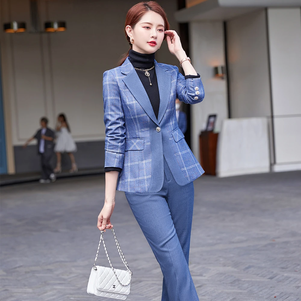 Women's 2 Piece Office Blazer Pants Sets  Business Suits Workplace Ladies Casual Suits Red Blue Plaid Blazer Professional Suit