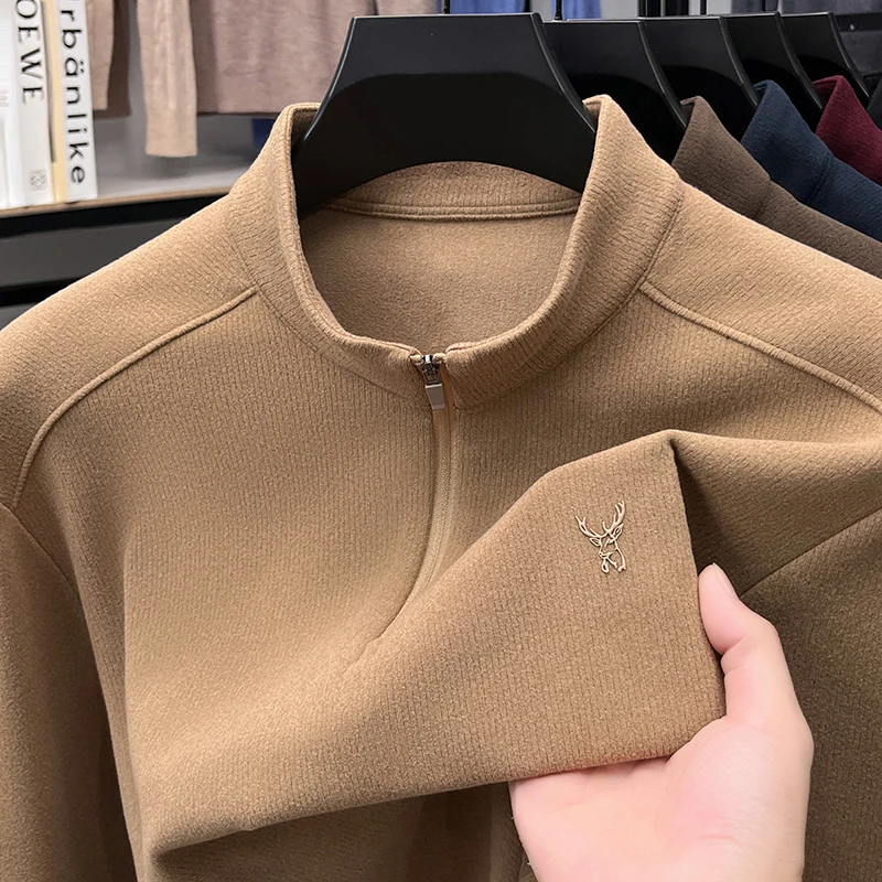 Half Zip Stand Up Collar Sweatshirt for Men, Autumn New Style, Loose German Velvet Top, Solid Color Casual Long Sleeved Shirt