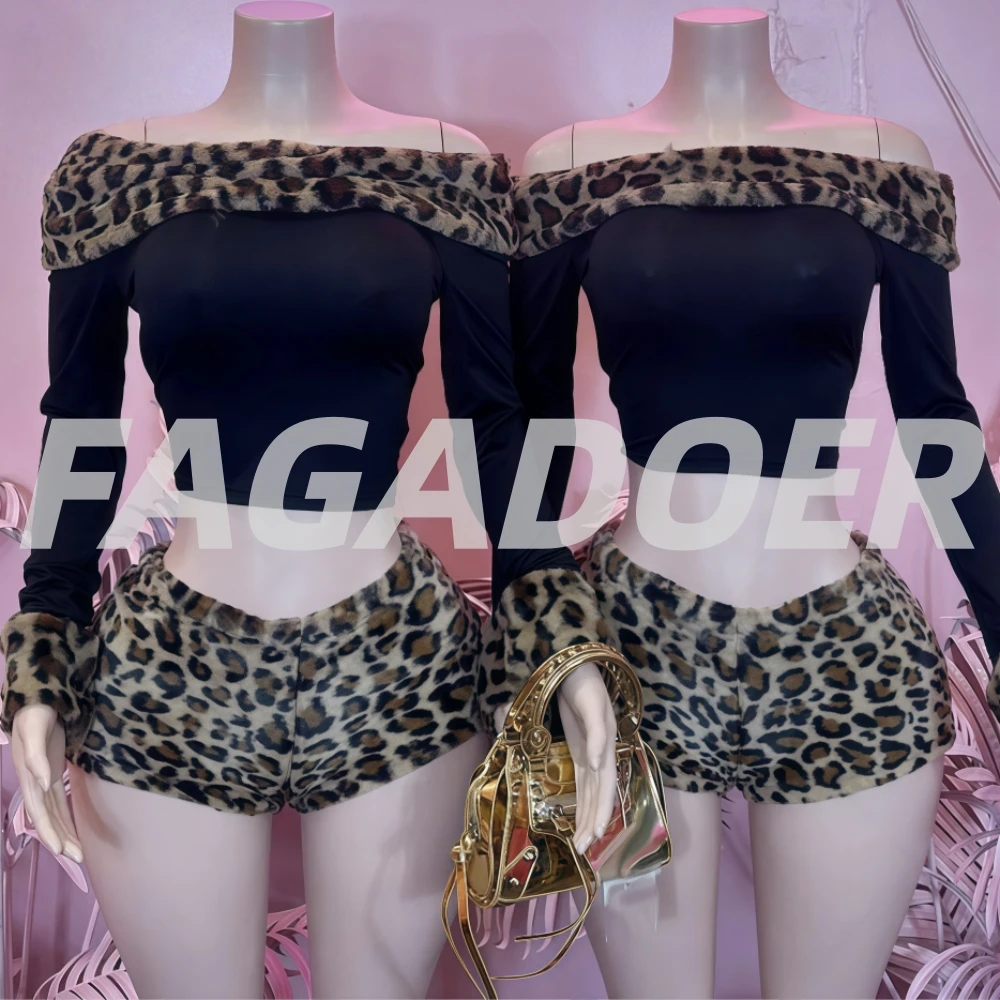 

FAGADOER сексуальный меховой лоскутный комплект из 2 предметов с леопардовым принтом для женщин, укороченный топ с открытой спиной + шорты, женская уличная одежда
