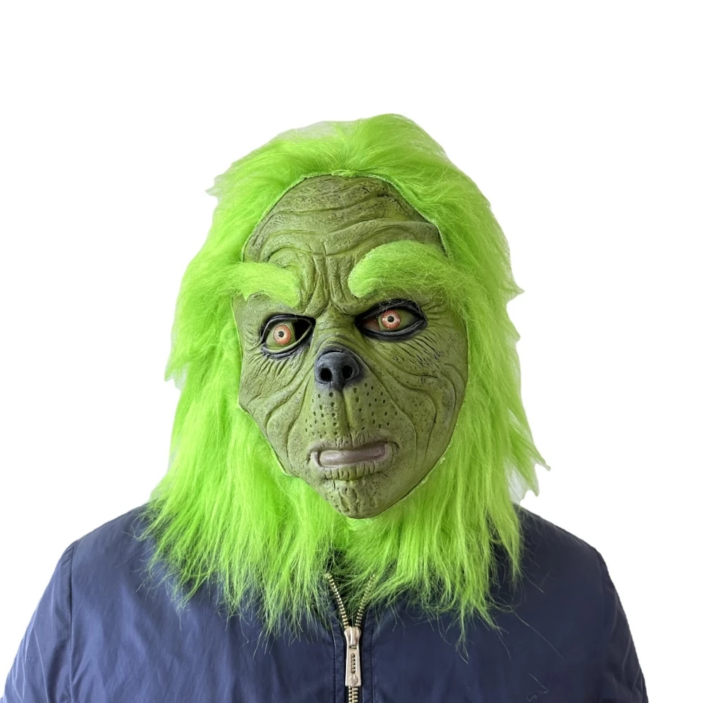 

Green Hair Monster Mask Cosplay Stole Christmas Latex Wig Helmet Full Face Headwear Halloween Masquerade Party Costume Prop