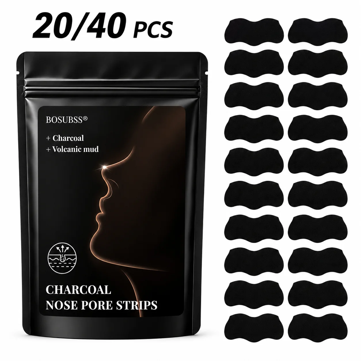 Charcoal Pore Strip - 20/40개입 블랙헤드 제거용 코팩—모공을 깊이 청소하고