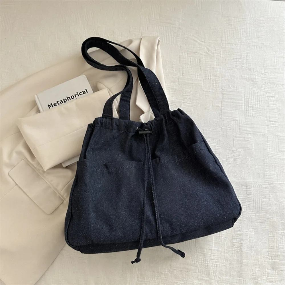 

Large Capacity Oxford Drawstring Shoulder Bag Casual Leisure Denim Tote Bag All-match Cowboy Canvas Bucket Bag Streetwear