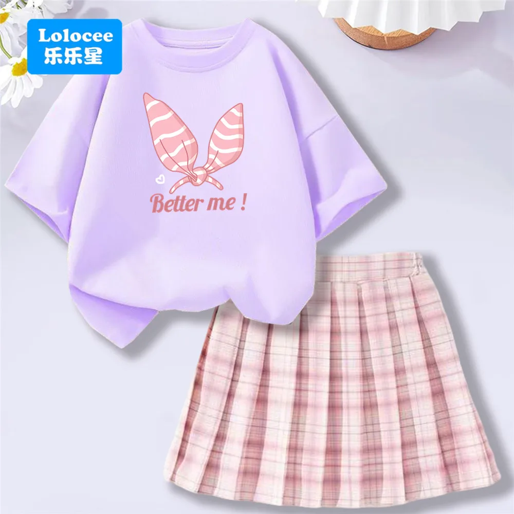 

Kids' Summer Cotton Outfit - Girls' Cartoon Short Sleeve T-shirt with Bunny Ears + Plaid Skirt two Piece Set School Clothes Set