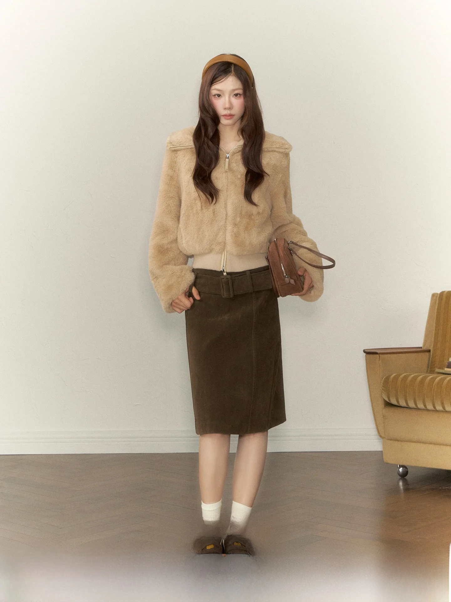 

Ретро-коричневая женская юбка А-силуэта с высокой талией, новая коллекция осень-зима, повседневная, для офиса, в китайском стиле