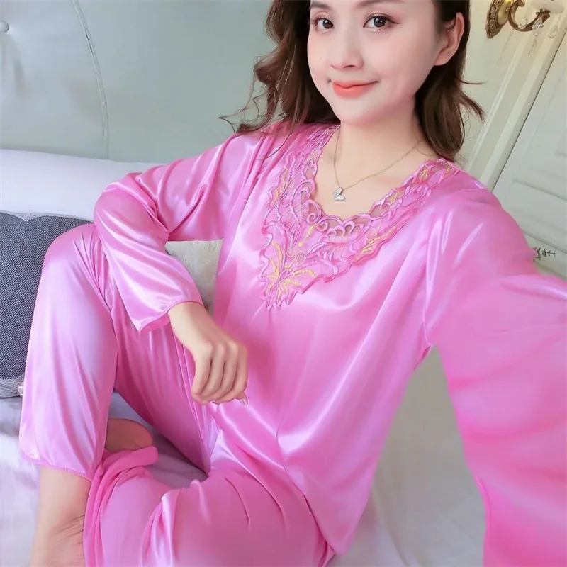 Female High-grade Home Clothing Set Summer Ladies Large Size 4XL Pajamas Two-piece Set Women Long Sleeve Silk Nightgown Outfit image 4