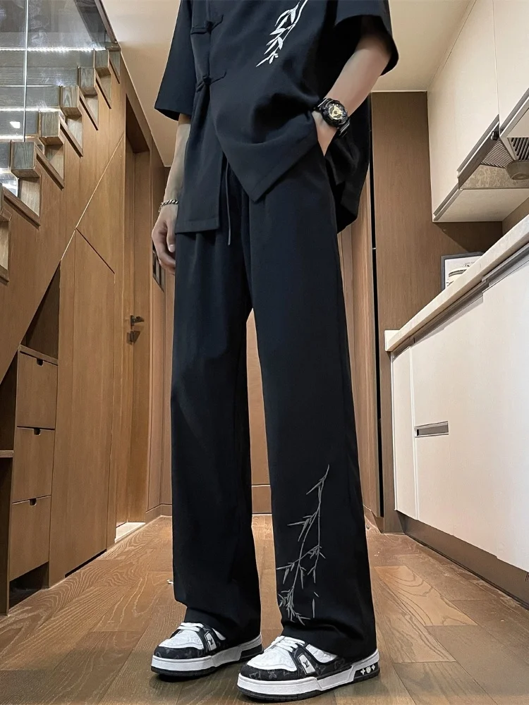 

Новые китайские мужские летние тонкие брюки из ледяного шелка с широкими штанинами, прямые, свободные, в пол, повседневные, с вышивкой, свободного кроя