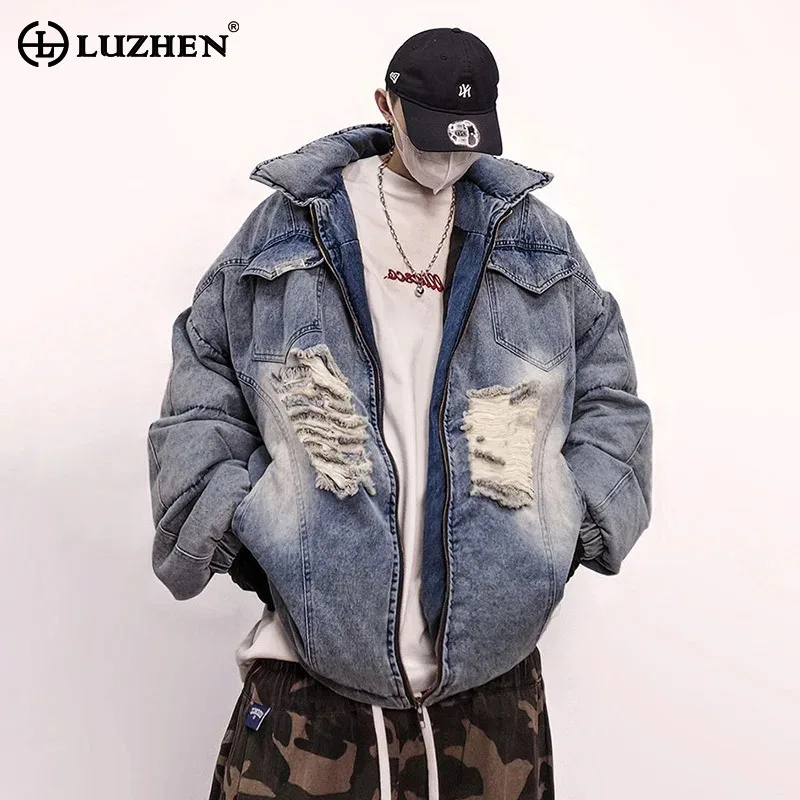 LUZHEN 2025 Winter Fashion Streetwear Men Original Broken Hole Patched Vintage Denim Padded Coat Loose Warm Parka Clothes JY5122