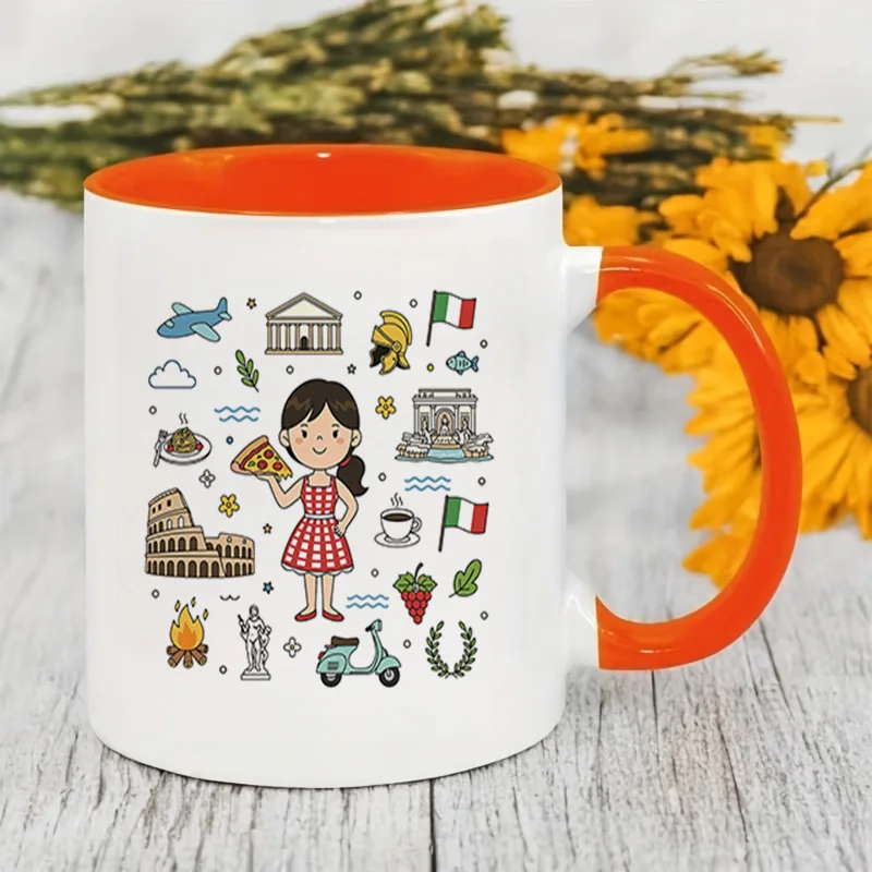 Italy Travel Elements Pizza Colosseum Cartoon Girl Ceramic Coffee Mug 11oz 350ml Personalized Custom Colorful Print Cute Aesthet
