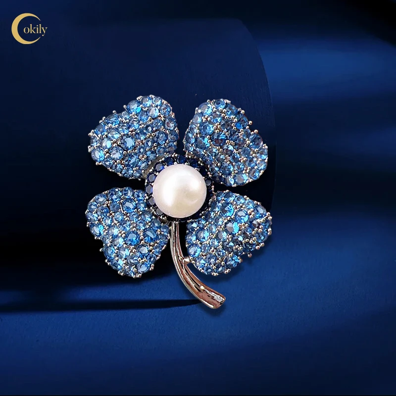 OKILY Exquisite Blue Turquoise Lucky Four-leaf Flower Brooches Freshwater Pearl Shell  Zircon Corsage for Woman's Suit Coat Pins