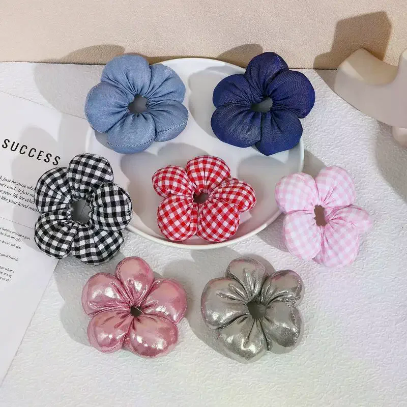 1Pcs Flower Shaped Hair Scrunchies Plaid Denim Shiny Styles Soft Fabric For Daily Wear Parties School Girls Hairstyling