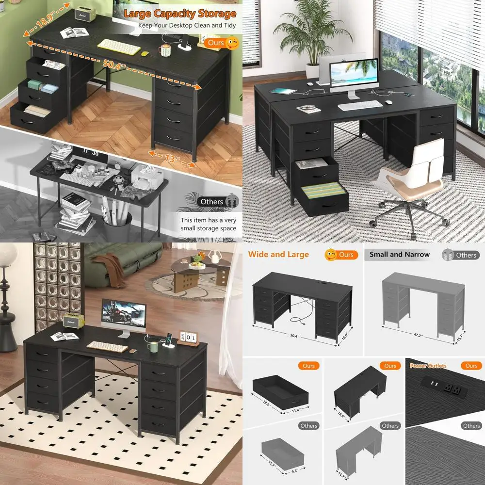 

50 50-Inch Desk with 8 Drawers, Home Office Workstation with Power Outlets, Gaming Study Desk with Fabric Drawers, Black