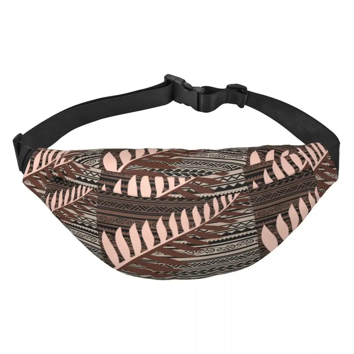 

Casual Silver Fern Tribal Brown Fanny Pack Men Women New Zealand Maoris Sling Crossbody Waist Bag for Hiking Phone Money Pouch