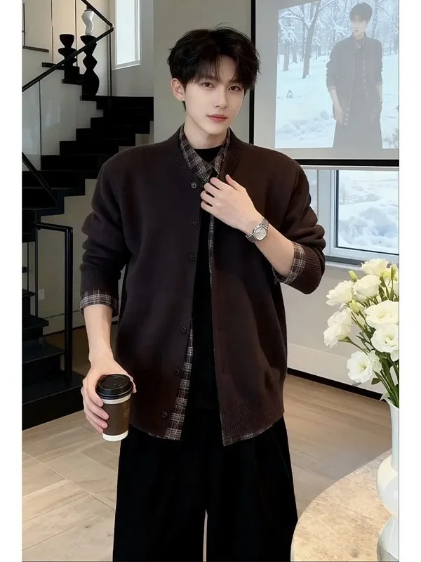 

Мужской вязаный свитер с воротником-стойкой, имитация двухслойности, зимняя верхняя одежда, в стиле кэжуал-преппи, с длинными рукавами, теплый, с геометрическим узором