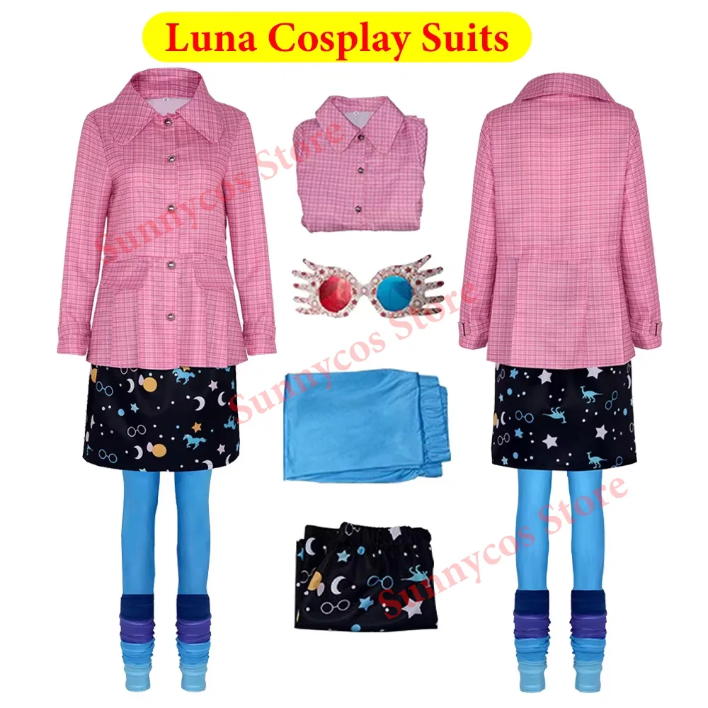 Disfraz de Luna, disfraz de Cosplay, gafas, uniforme Lovegood, abrigo, falda, pantalones, ropa de mujer, trajes, traje de vestir de Carnaval de Halloween