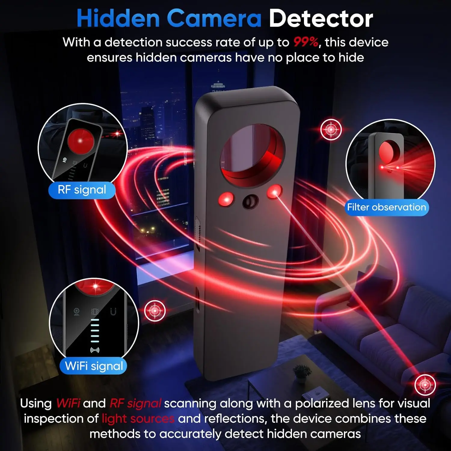Hidden Camera Detector Mini Bug Sweeping Device Wireless Camera Finder for Hotel Protecting Privacy Advanced Listening Features