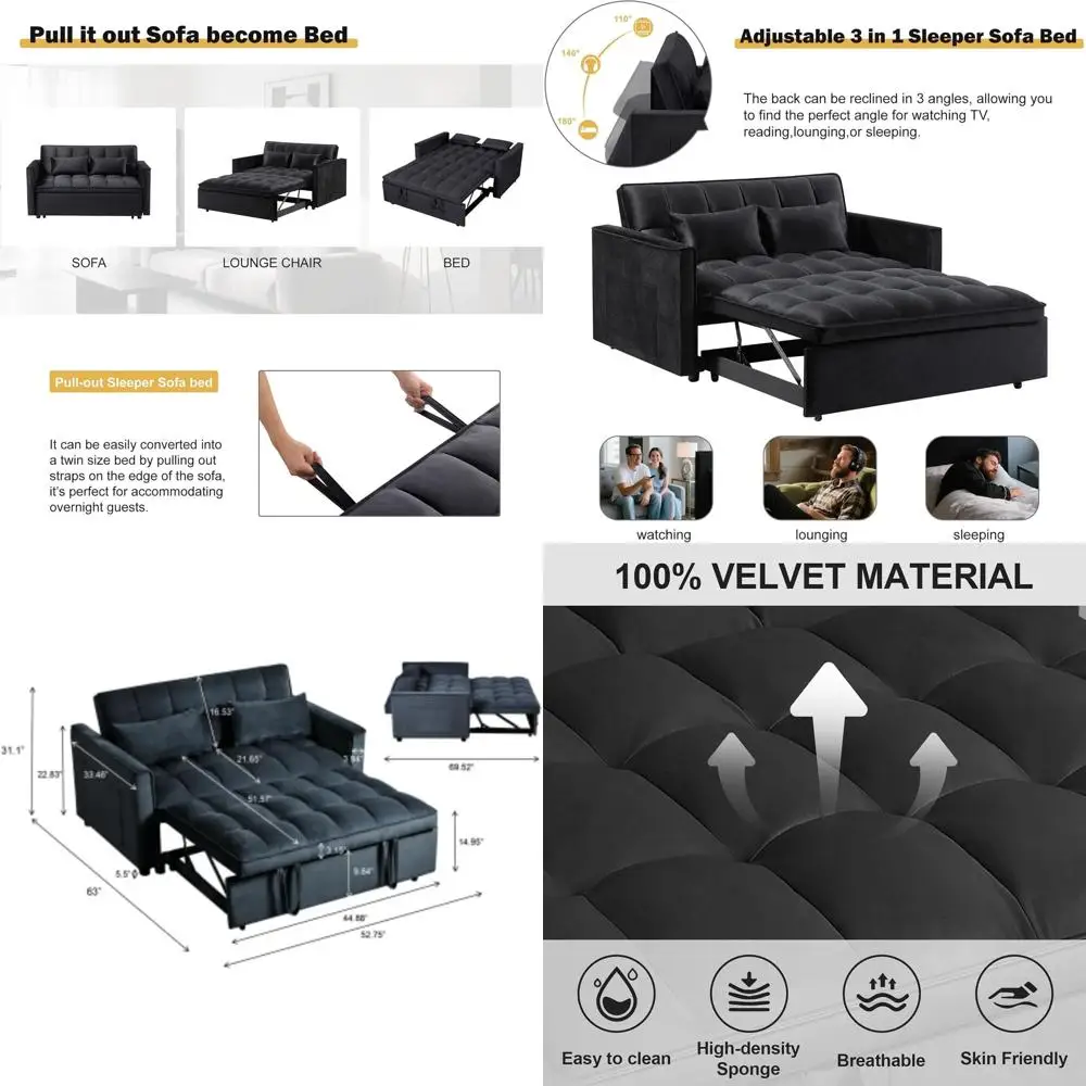 

Велюровый диван-кровать 3-в-1 с выдвижным спальным местом и регулируемой спинкой для гостиной или спальни, черный цвет