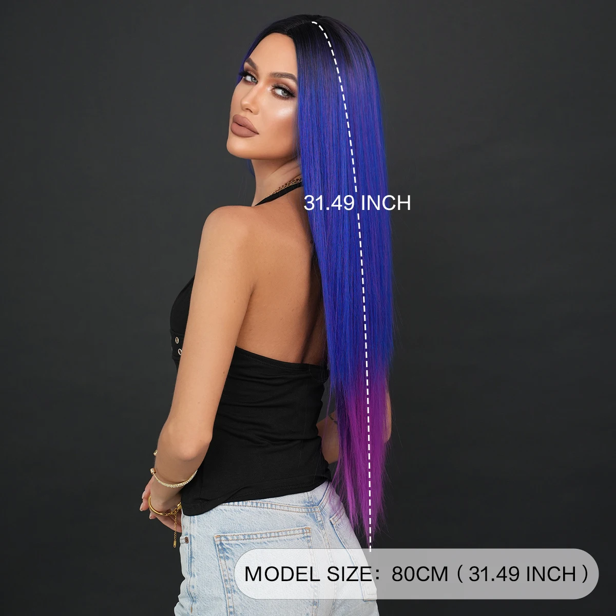 NAMM Synthetic Long Straight Wigs For Women Blue purple gradient Daily Party Use Dark Roots High Density Layered Hair Wigs