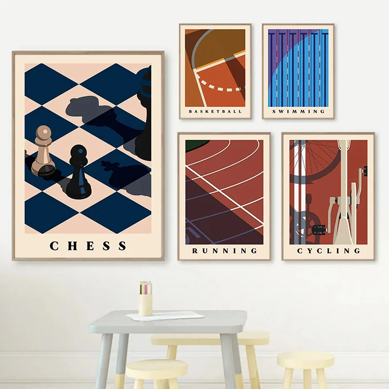 Chess Running Cycling Swimming Minimalist Sport Art Poster Print Canvas Painting Wall Art For Bedroom Home Decoration Cuadros