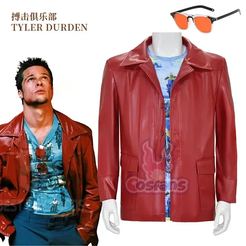 Fight Club Tyler Durden Cosplay Costumes Tyler Durden Brad Biker Leather Jacket Red Coat Shirt Glasses Halloween Party Suit