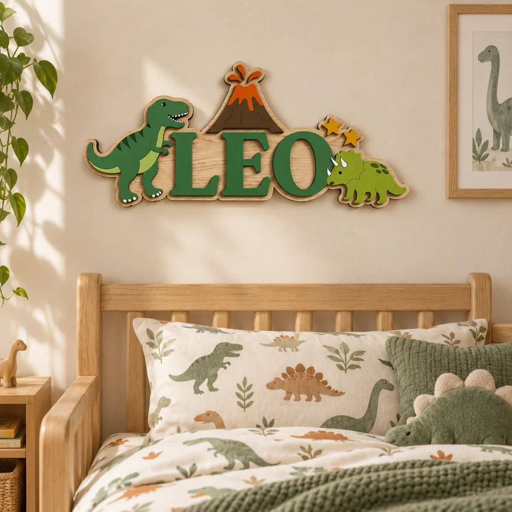Personalized Dinosaur Wooden Name Plaque, 2 Layer 3D Raised Custom Name Sign, T-Rex Volcano Triceratops Decor, Kids Wall Hanging