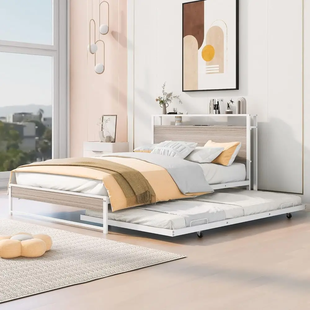 

White Metal Platform Bed with Trundle, USB Ports, and Slat Support - No Box Spring Needed