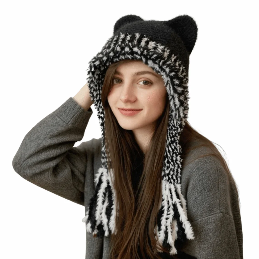 

Gifts Cat Ears Ear Protection Hat Soft Korean Style Knitted Warm Hat Strap Design Breathable Thicken Beanie Cap Women