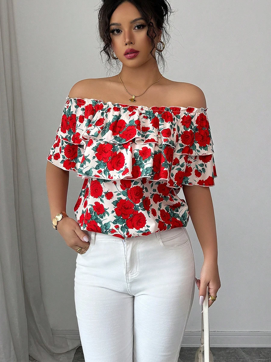 

Summer European and American vacation style off shoulder short sleeved shirt, double layered pleated edge women's clothing