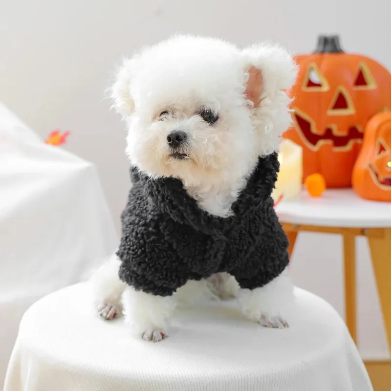 1 قطعة سترة رأس اليقطين هالوين ملابس الحيوانات الأليفة الكلب القط الصوف سميكة شتاء دافئ أسود مقنعين سترة