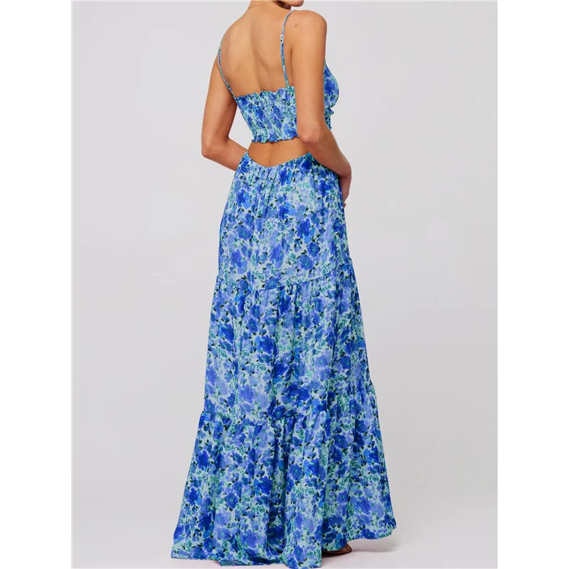 Sukienka maxi damska ABRT - letnia, kwiatowa, na ramiączkach spaghetti, z wycięciami, wiązana z przodu, zwiewna, marszczona, w stylu bohemy.