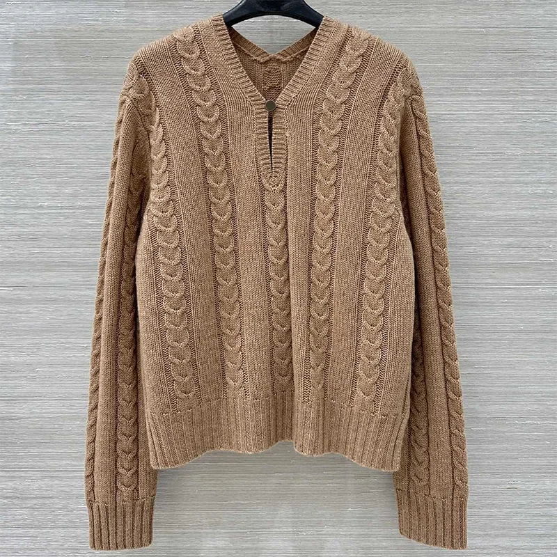 

High-quality women's fashionable buttoned twisted rope stitched v-neck knitted sweater comfortable pullover 2593046