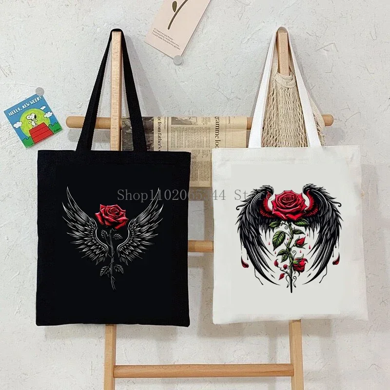 Gothic Rose Wing Print Shoulder Bag Women Vintage Plant Flower Style Shopping Bag Teen Fashion Floral Canvas Ladies Tote Handbag