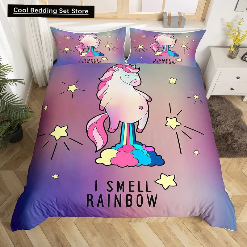 

Kids Unicorn Stars King Queen Duvet Cover Cartoon Magic Animal Bedding Set Rainbow Shiny Quilt Cover Polyester Comforter Cover