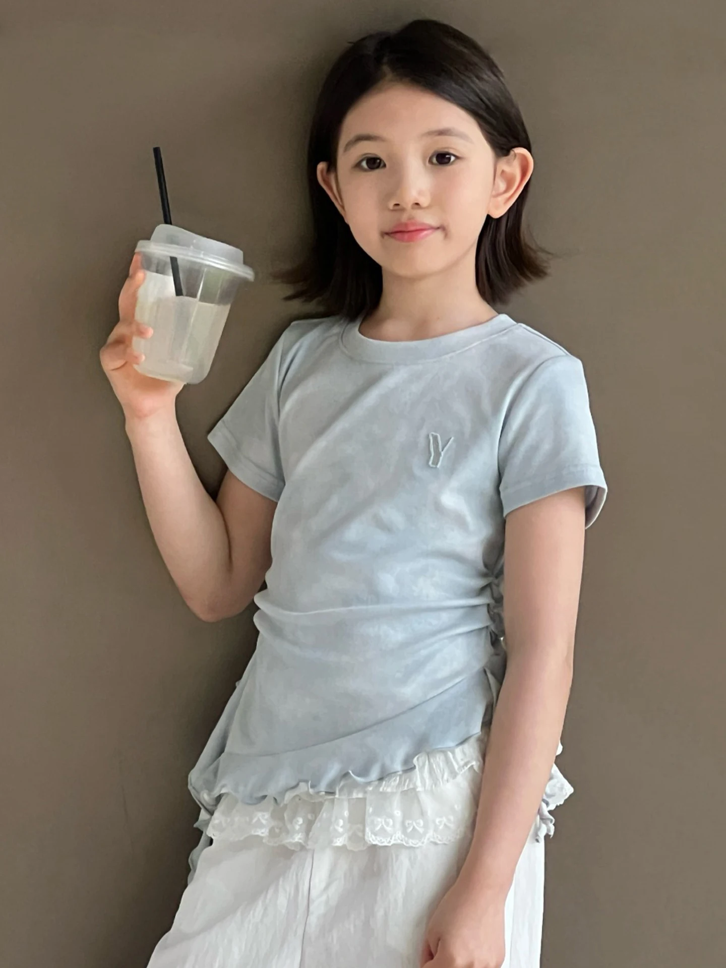 

Girls Short Sleeve T-Shirt round Neck Light Blue Summer Clothes Children's Fashion Korean Style Top for Girls Age 3-14