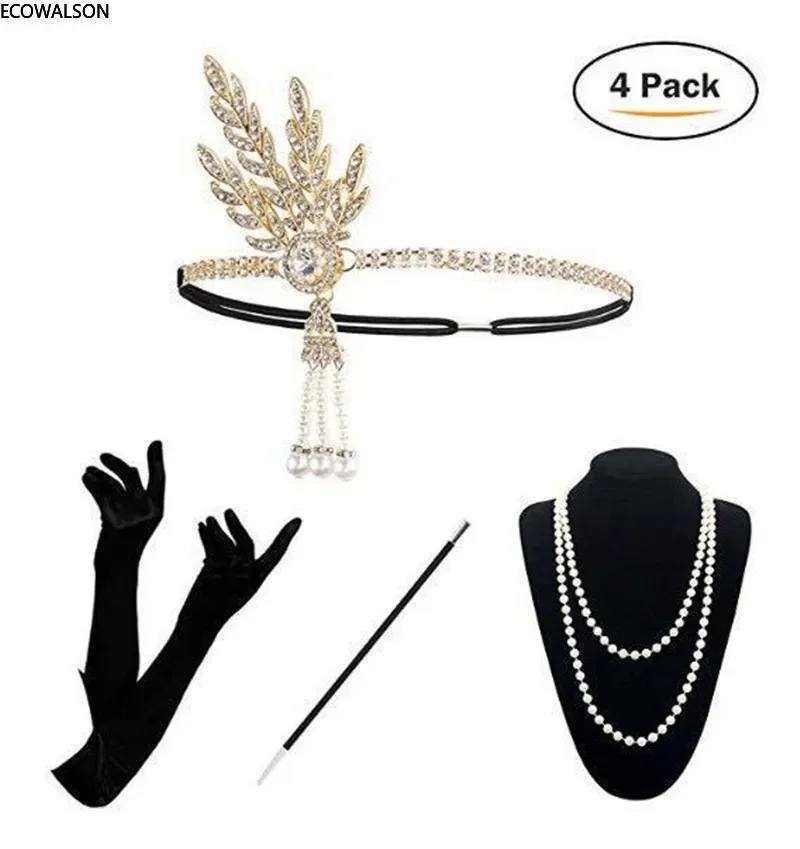 1920‘s fancy dress costume accessories metal headband gloves cigarette holder bracelet pearl necklace