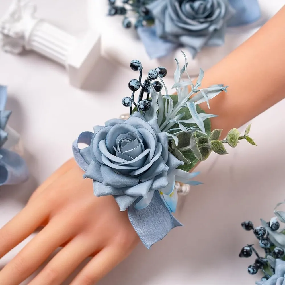 Corsage and Boutonniere Floral Set with and Realistic Greenery for Wedding Prom and Formal for occasions Adjustable Fit