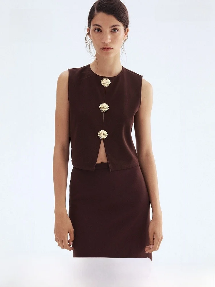 

H&M Women's Faionable Button Decorated Vest Commute Inner Wear Spring 2025 round Ne Polyester Spandex Blend Vest