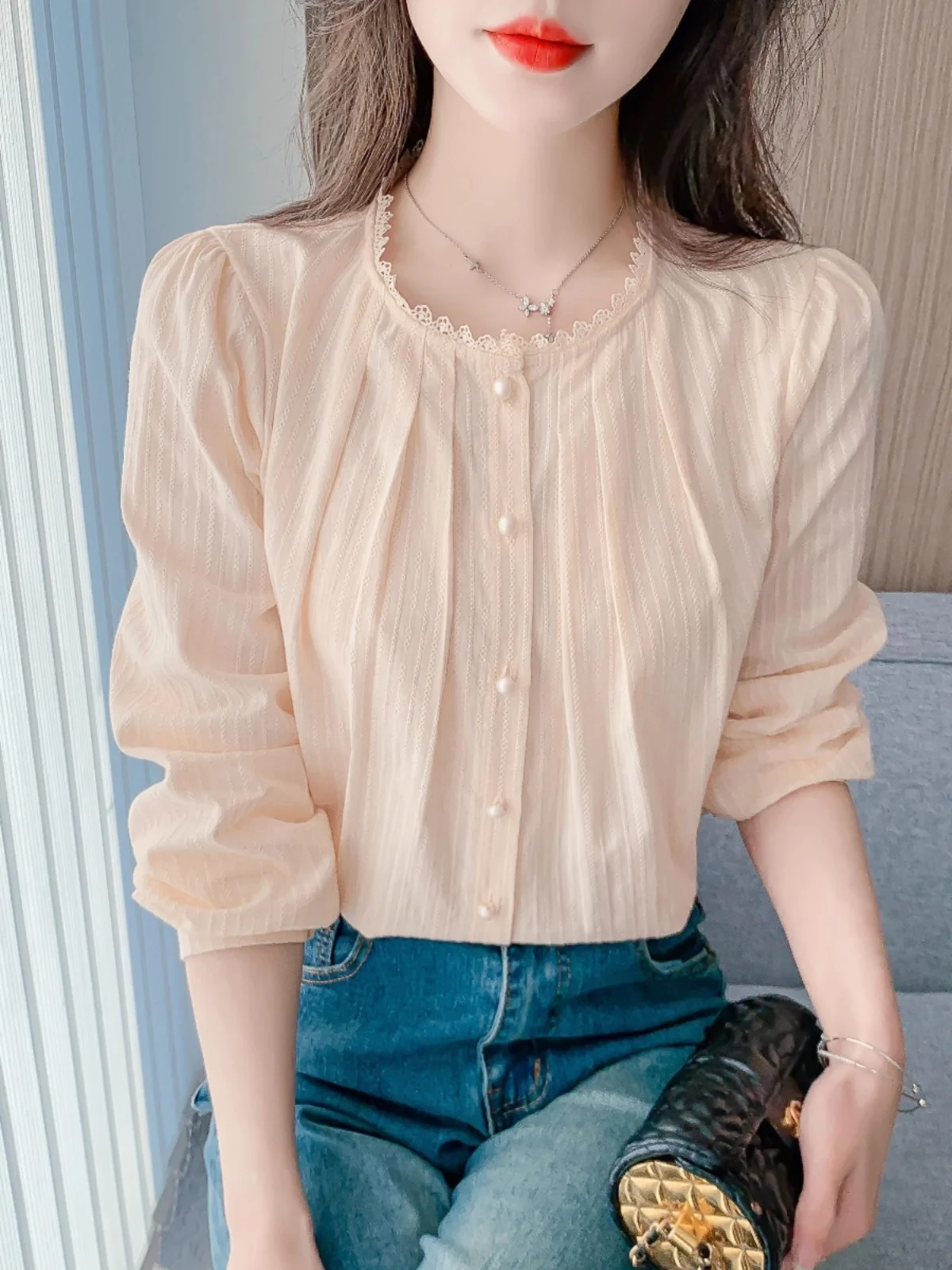 Camiseta de algodón puro de manga larga con cuello redondo y encaje para mujer, nueva colección de primavera, para uso interior y exterior, estilo casual.