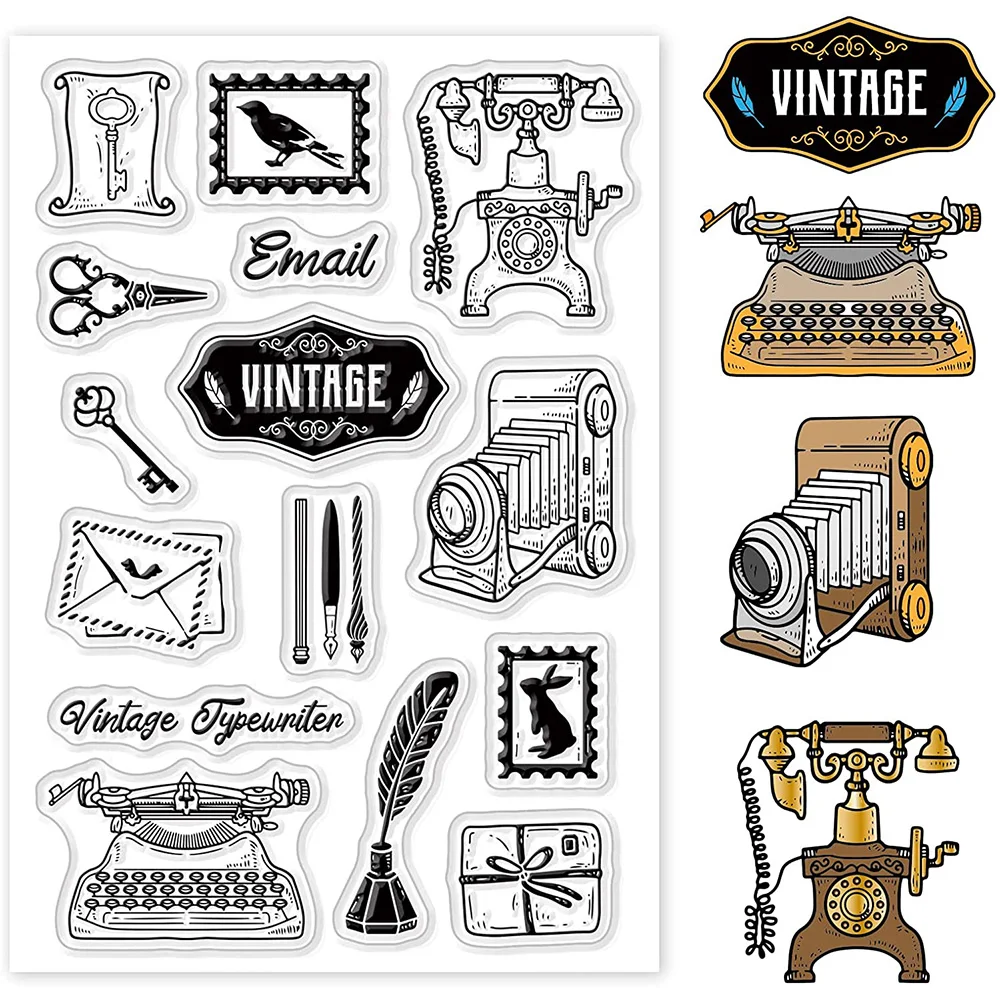 Timbres en silicone transparent vintage, appareil photo, téléphone, cadre photo, enveloppe d'encre pour carte, décoration exécutive, bricolage, scrapbooking, journal intime, cadeaux