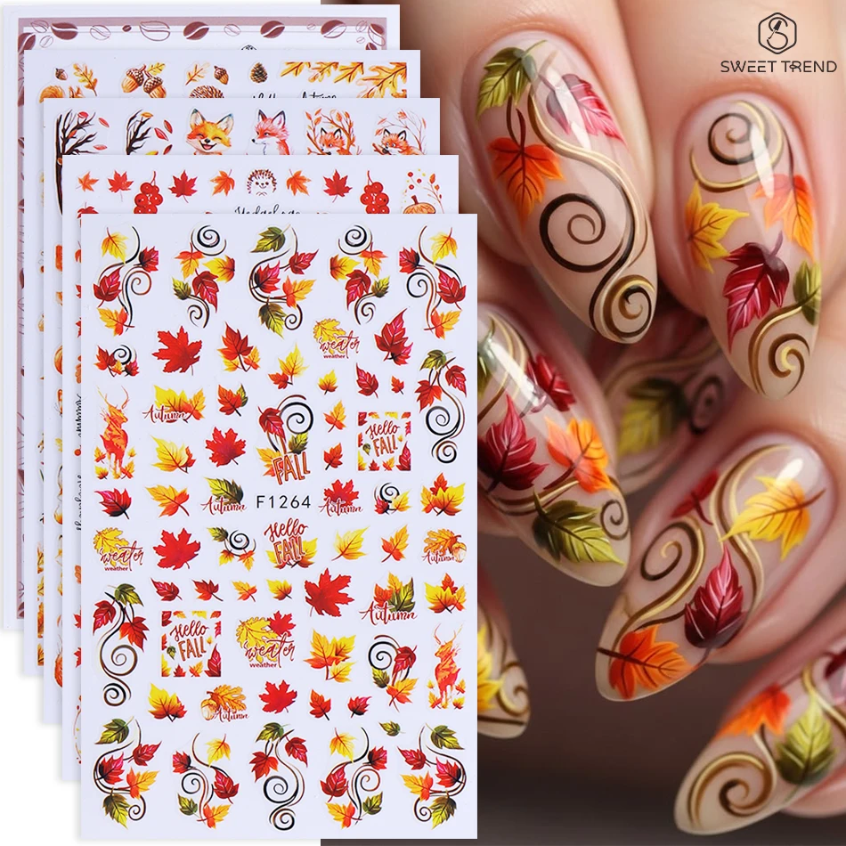 5 Stück Herbst-Nagelsticker, 3D, selbstklebend, Ahornblatt, Eichhörnchen, Fuchs, Igel, Kaffeetasse, Nageldekor, Thanksgiving-Maniküre-Dekoration – Detail 2