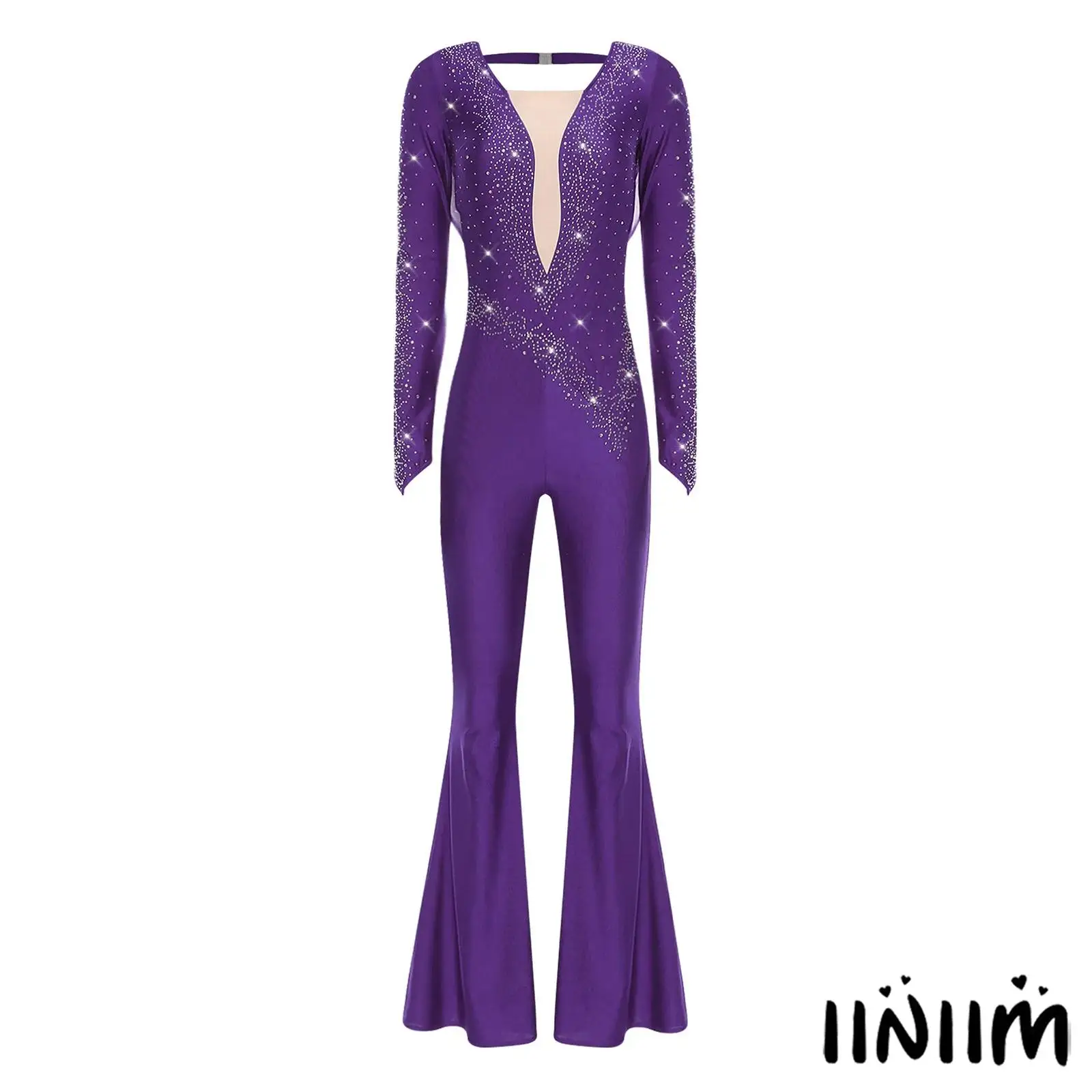 

Latin Dance Jumpsuit for Women Shiny Rhinestones Mesh Design with Flared Bell Bottoms Long Pants for Latin Cha-cha Dance Shows