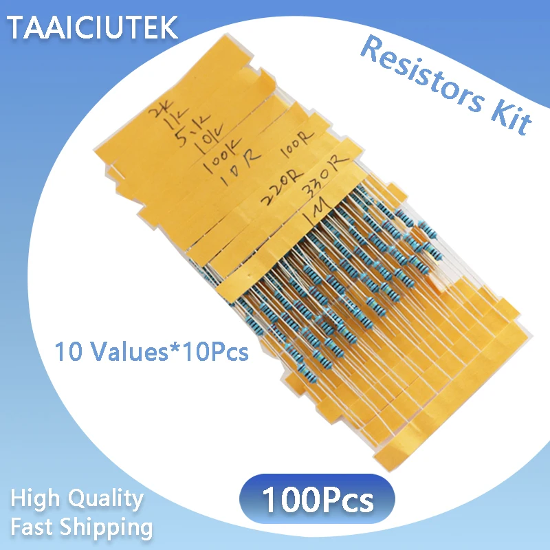 10 Values 1/4W 1% Metal Film Resistors Kit 100Pcs 1/4 Watt W High Precision MF Resistance Set Assortmen