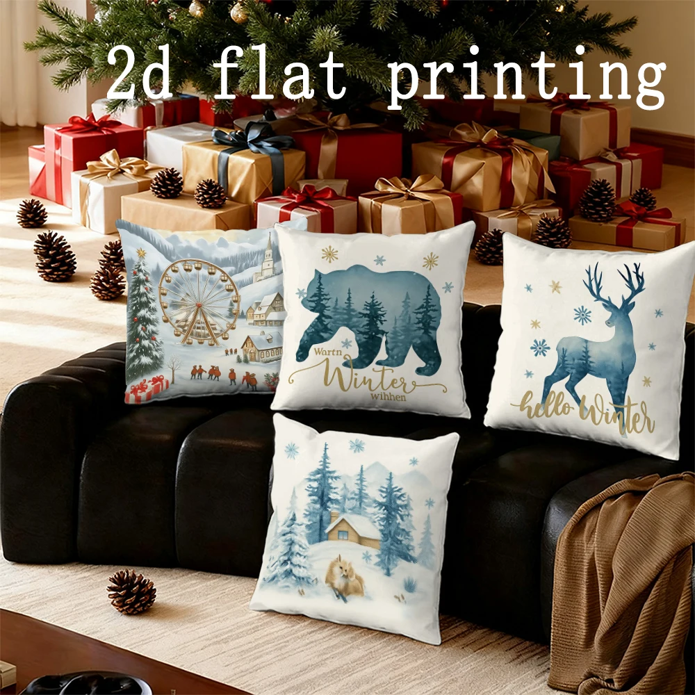 Home Decor Winter Scenes: Bear, Deer & Ferris Wheel Pillows Pattern Cushion Cover Suitable for Sofa Bedroom Car Pillow Cover