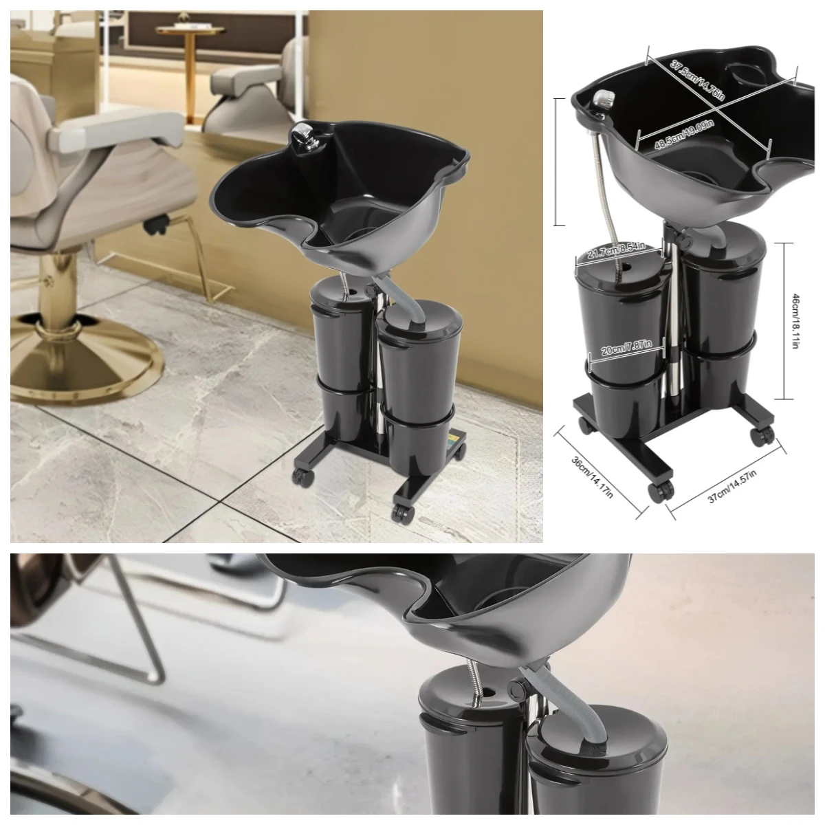 Salon Hairdressing Tool Portable Plastic Shampoo Basin with 2 Water Buckets Free Standing Shampoo Bowl